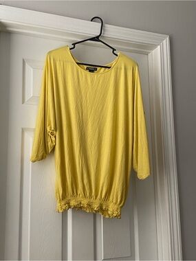 Avenue Bright Yellow Dolman Sleeve Knit Top with Crochet Hem